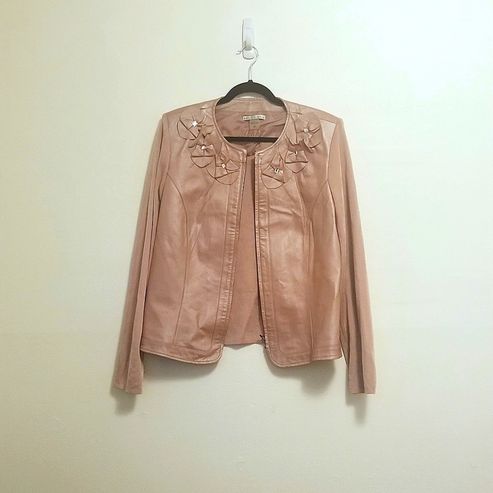 Peter Nygard Light Pink Leather & Knit Zip-Up Jacket